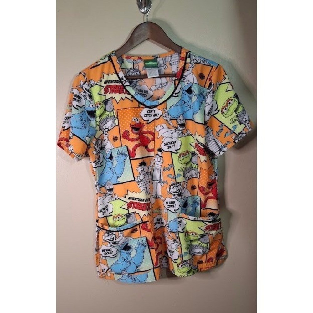 Sesame Street Print Scrub Top Elmo Cookie Monster Orange TF633 Mens Womens M